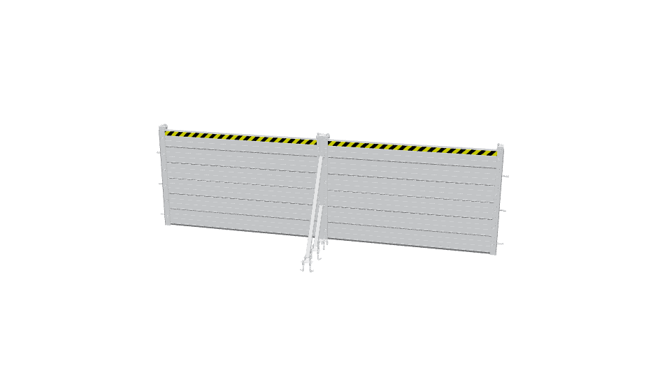 Barrier 3D render, near-elevation view with the hazard strip along the top course