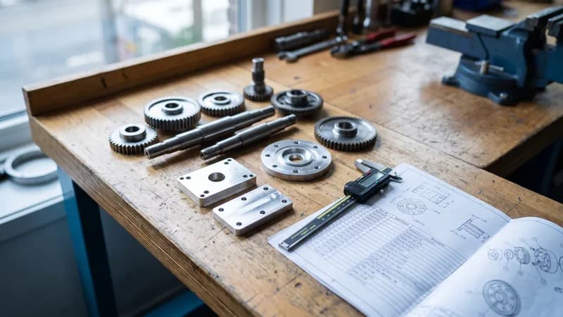 Machined steel and aluminium components laid out on a workshop bench beside a caliper and a printed parts list.