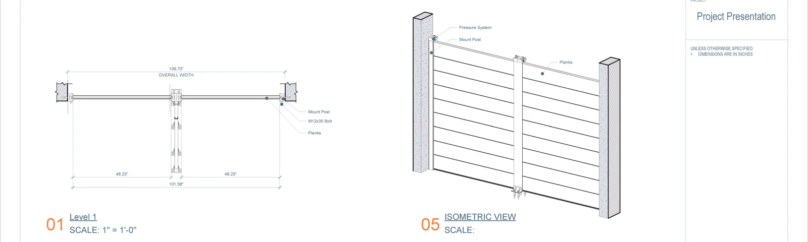 A band from a generated shop drawing: a dimensioned plan of a 106.70-inch opening beside an isometric view of the barrier, with the title block at the right.