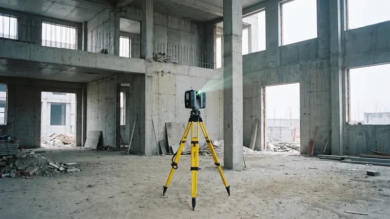 A terrestrial laser scanner on a tripod surveying the unfinished concrete interior of a building.