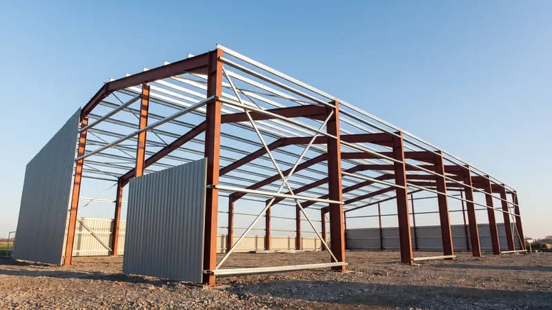 A pre-engineered metal building frame part-way through erection, with tapered portal frames and bracing against the sky.